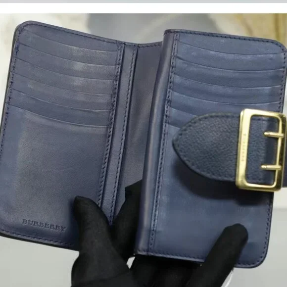 Burberry Navy Blue Leather Buckle Compact Wallet Gold Hardware Auth - Picture 7 of 8